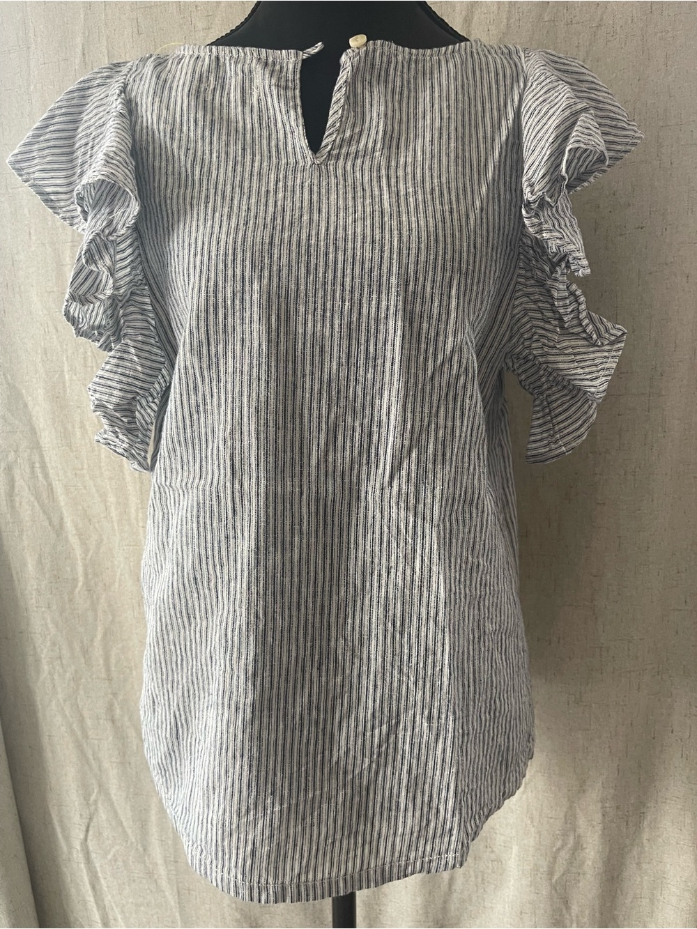 J. Crew Navy and White Striped Cotton/Linen Blend Shirt with Ruffle Sleeves